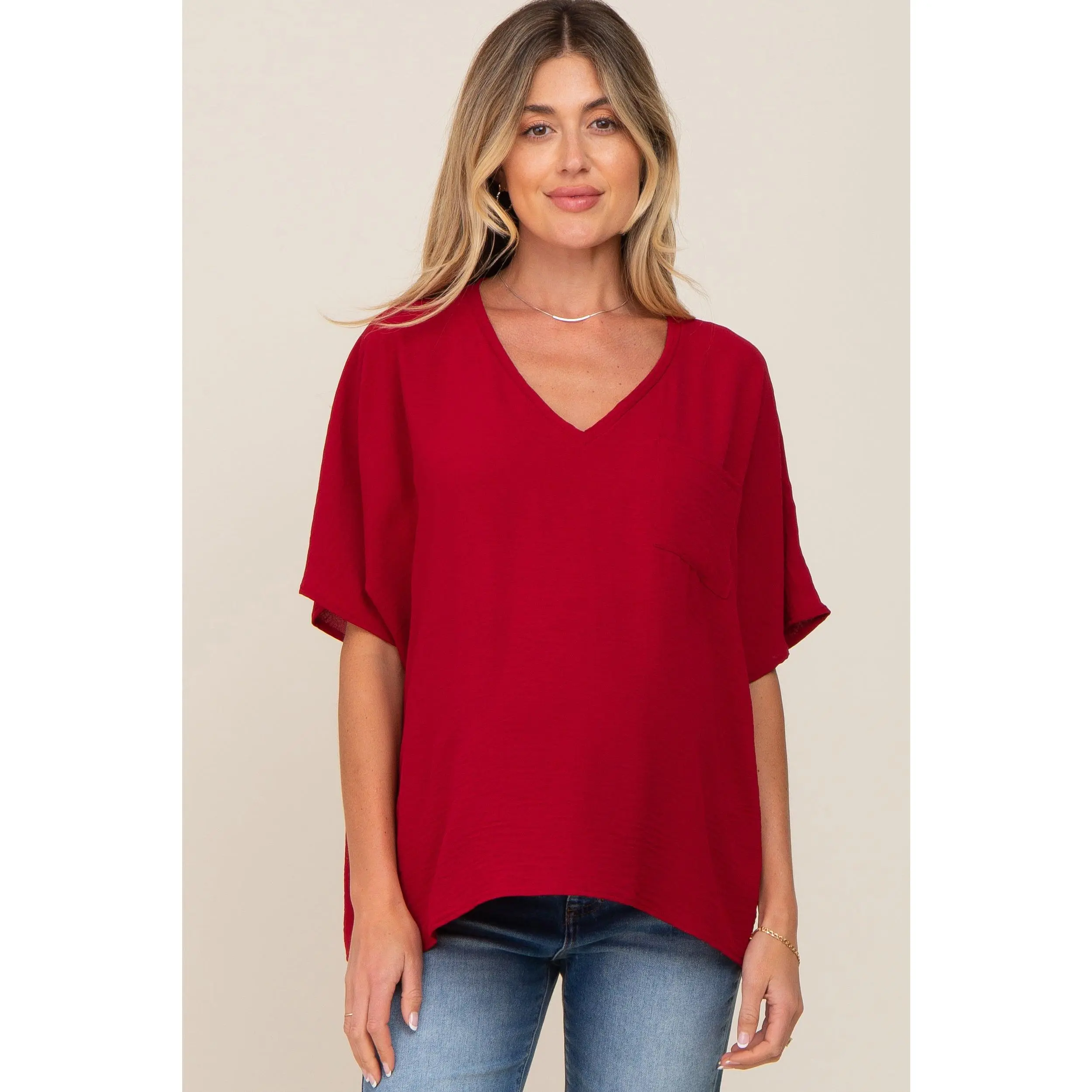 Red Oversized V-Neck Pocket Front Maternity Blouse