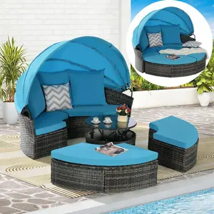 5 Pieces Outdoor Patio Round Daybed Furniture,All-Weather Wicker Conversation Sofa Sunbed Set with Retractable Canopy, Soft Cushions and Storable Table for Leisure in Porch Backyard,Light Blue