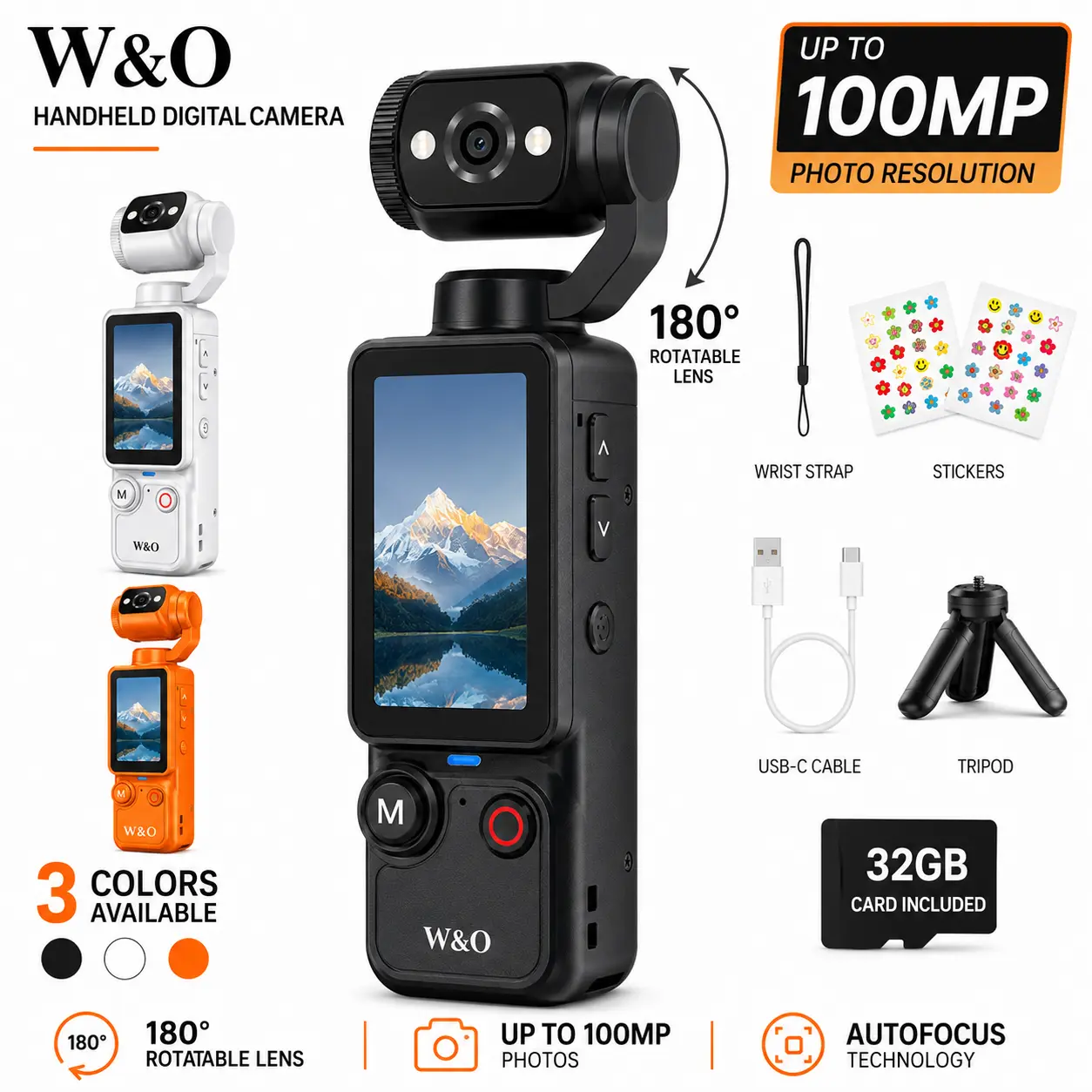 W&O Mini Handheld Camera for Kids & Beginners, 180° Rotatable Lens Vlog Camera with Autofocus, Up to 100MP Photo Resolution, 32GB Memory Card, Tripod & Accessories Included, Portable Digital Camera for Travel vlogging video