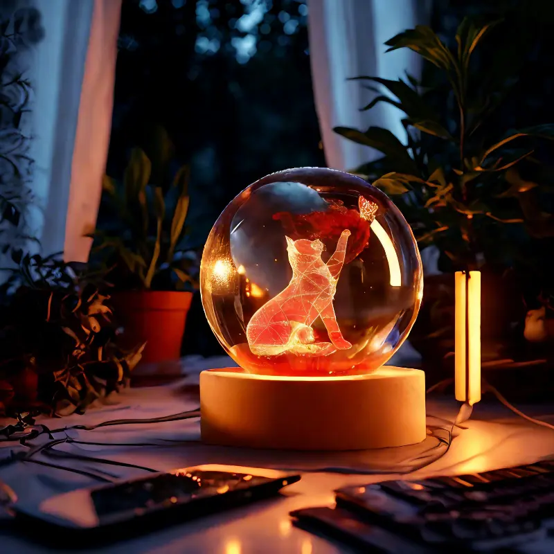 60mm Magical Light-Up Floating Glass 3D Star Cat Crystal Sphere Figurine, Wooden Base Home Decor Collectible, Sympathy Gift for Women, Colorful