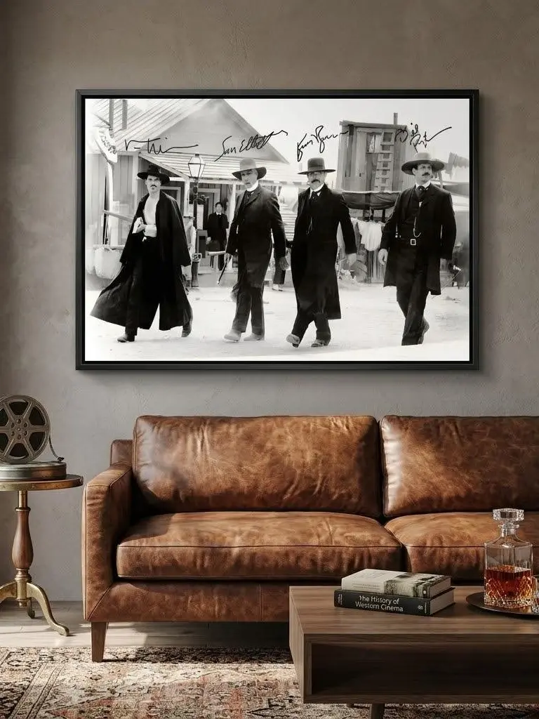 1993 Tombstone Classic Western Movie Signed Cast Black-White Canvas Wall Art - Artistic 4 Leading Actors Vintage Walk Scene Photo Print, Room Decor Artwork Collectibles for Man Cave, Home Bar