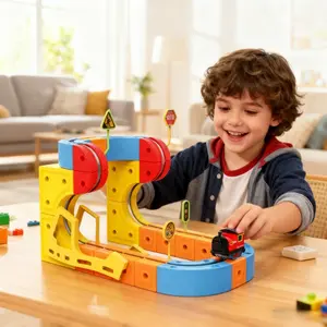 Electric Track Car Magnetic Building Blocks, Magnetic Building Tiles, DIY Interactive Playset, Indoor Parent-Child Interaction, Birthday Christmas Gift