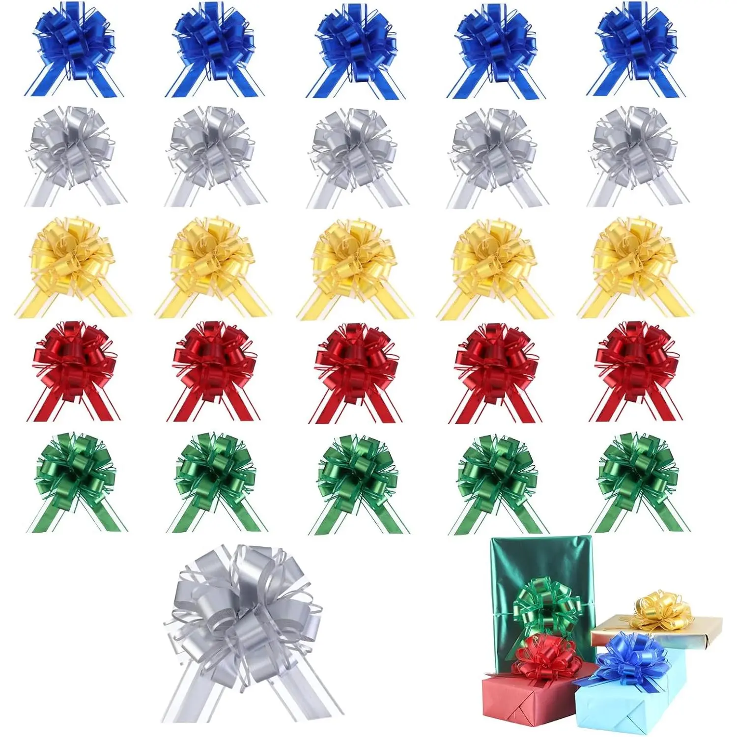 20 count Pull Bows for  Wrapping, 5 Types of 6 Inches  Bows with Ribbon For Wedding, Valentines Day, Birthday, Anniversary, Florist Packaging ,Flower Bouquets and Basket (Mixed metal color)