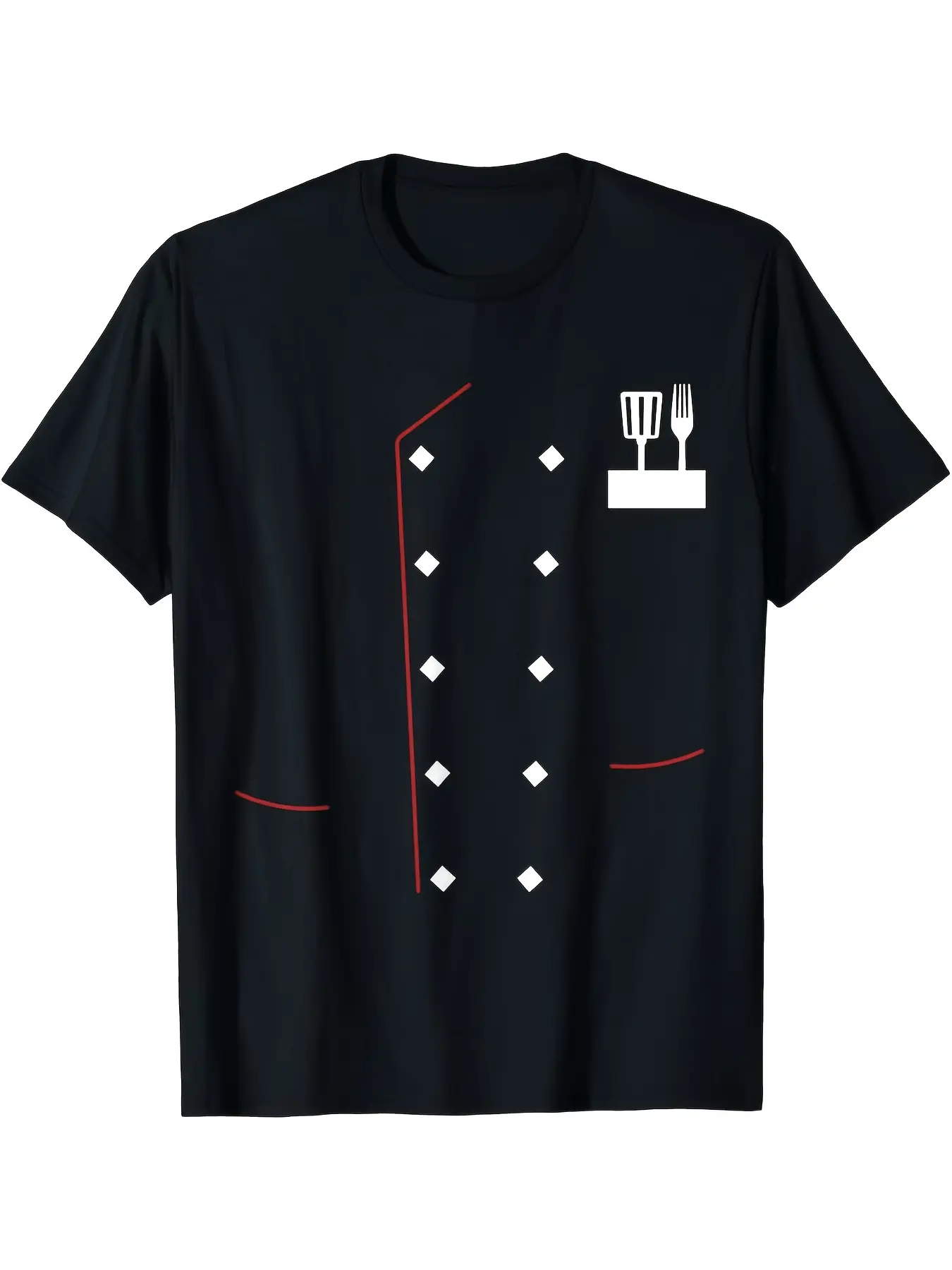 Men's Chef Uniform Jacket - Black & Red Culinary Apparel with Knife & Spoon Design, Faux Chef Coat for Cooking, Comfortable Short Sleeve All-Season Shirt, Machine Washable Professional & Casual Wear for Chefs, Cooking Classes, Restaurants, Everyday & Outd