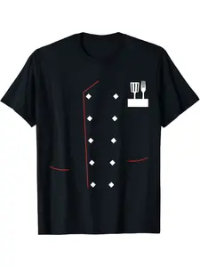 Men's Chef Uniform Jacket - Black & Red Culinary Apparel with Knife & Spoon Design, Faux Chef Coat for Cooking, Comfortable Short Sleeve All-Season Shirt, Machine Washable Professional & Casual Wear for Chefs, Cooking Classes, Restaurants, Everyday & Outd