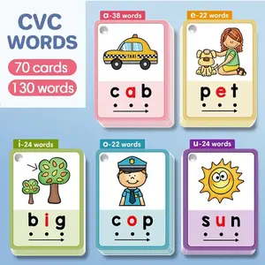 70 Pcs Reading Teaching Tools, Dual-Sided Cvc Word Flashcards, Colorful Illustrations, Suitable for Classroom, Kindergarten, Home School Activities