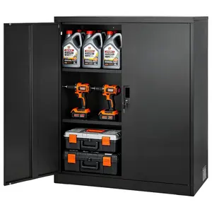 SummerWinsVEVOR Metal Storage Cabinet, 41.7 in Steel Garage Cabinet with 2 Adjustable Shelves, 2 Magnetic Doors 2 Keys, 3 Tiers Lockable Tool Storage for Pantry, Warehouse, Basement, Office, Blackdealsforyoudays