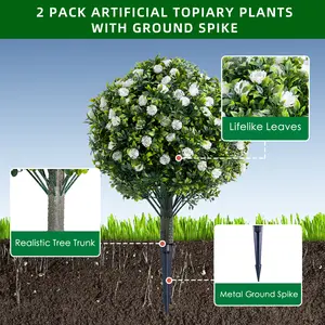 OUTGOODS Lifelike Artificial Topiary Ball Trees Set of 2 – Golden Bloom Flowers, 23.6" PE Faux Shrubs with Ground Spike & Metal Stakes for Indoor/Outdoor Home Decor, 60x40cm