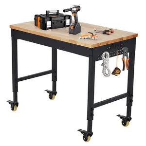 GARVEE Adjustable Workbench, Heavy Duty Workstation 2000 LBS Load Capacity, Rubber Wood Top Workstation with 4 Rolling Casters, Power Outlets, Metal Frame, Wood Top Workbench for Workshop Garage