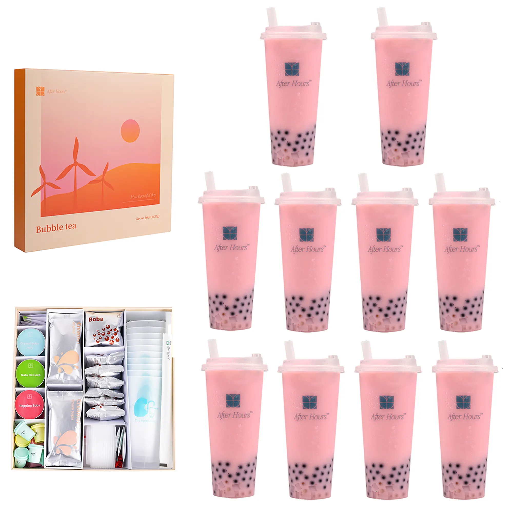 Boba Tea DIY Box, 10 Servings with Cups, lids and Straws, Natural Tea, Vitamin C Based, Popping Bubble, Nata De Coco and Crystal Jelly, DIY, Boba, Tea Kit WITH, popping pearl boba, burst boba, boba pearl, bober tea, bubble tea, tea ball, instant bubble