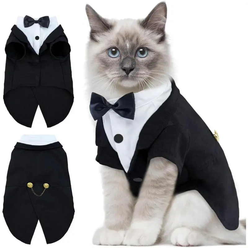 Sphynx Cat Formal Tuxedo Set - Elegant Long Sleeve Collared Solid Fabric Costume with Bow Tie, Shirt, Jumpsuit for Special Occasions (Perfect Fit, Cat-Only Pet Wear)