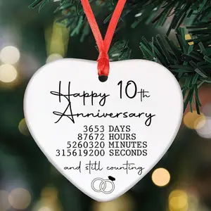 Happy 10th Anniversary Ornament, Anniversary Ornament Gift, Ceramic Christmas Tree Hanging Ornament Decoration, Anniversary Ornament Keepsake Sign, Heart Plaque Anniversary Romantic Couple Wedding Engagement Gifts for Her Him Wife Husband