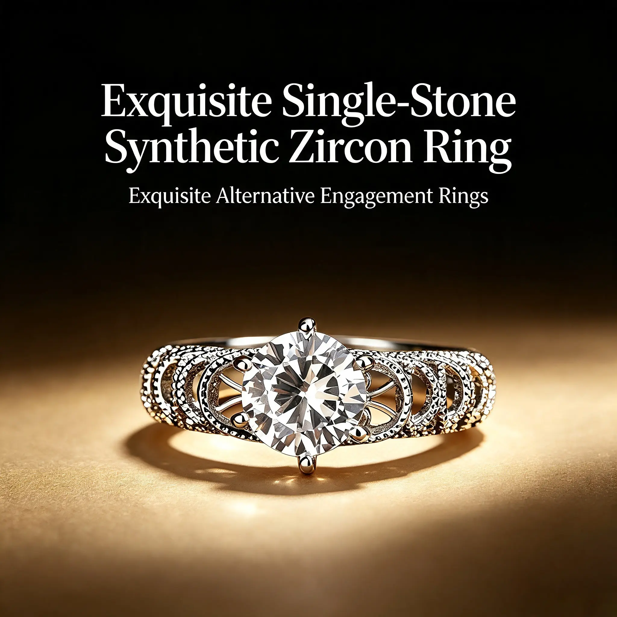 Vintage 6-Prong Synthetic Zirconia Brass Ring - French-Inspired Elegant Bridal Engagement Ring with Openwork Carved Design, Ideal Anniversary Gift