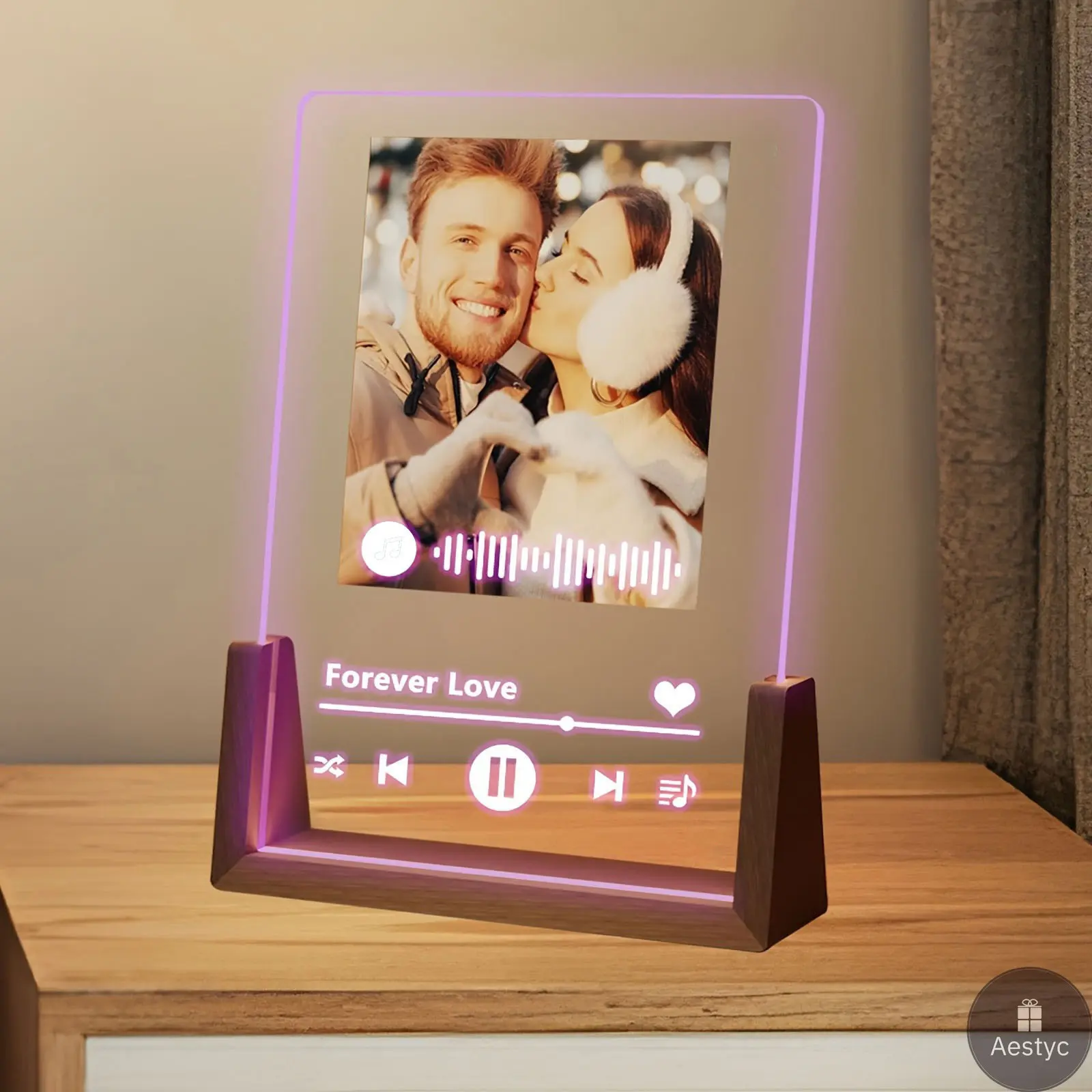 Custom LED Light Acrylic Magnetic Photo Frame (6x8 in, USB Powered) - Free Photo Printing, Forever Love Music Song Plaque, Novelty Lighting Home Decor Gift for GF (Birthday, Housewarming)