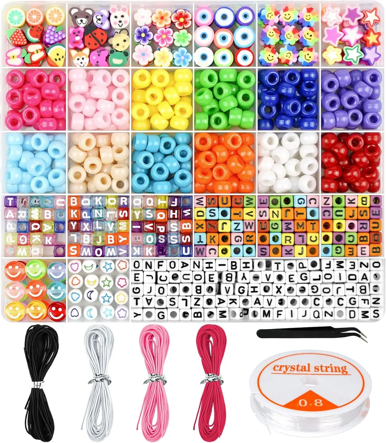 DIY Beading Bracelet Making Kit - 12 Colors, 4mm Hole Colored Elastic Beading Kits with Pony, Kandi, Polymer Clay, Smile Face, Letter Beads, Christmas Gift Toy for Girls 6-12 (Boosts Concentration)