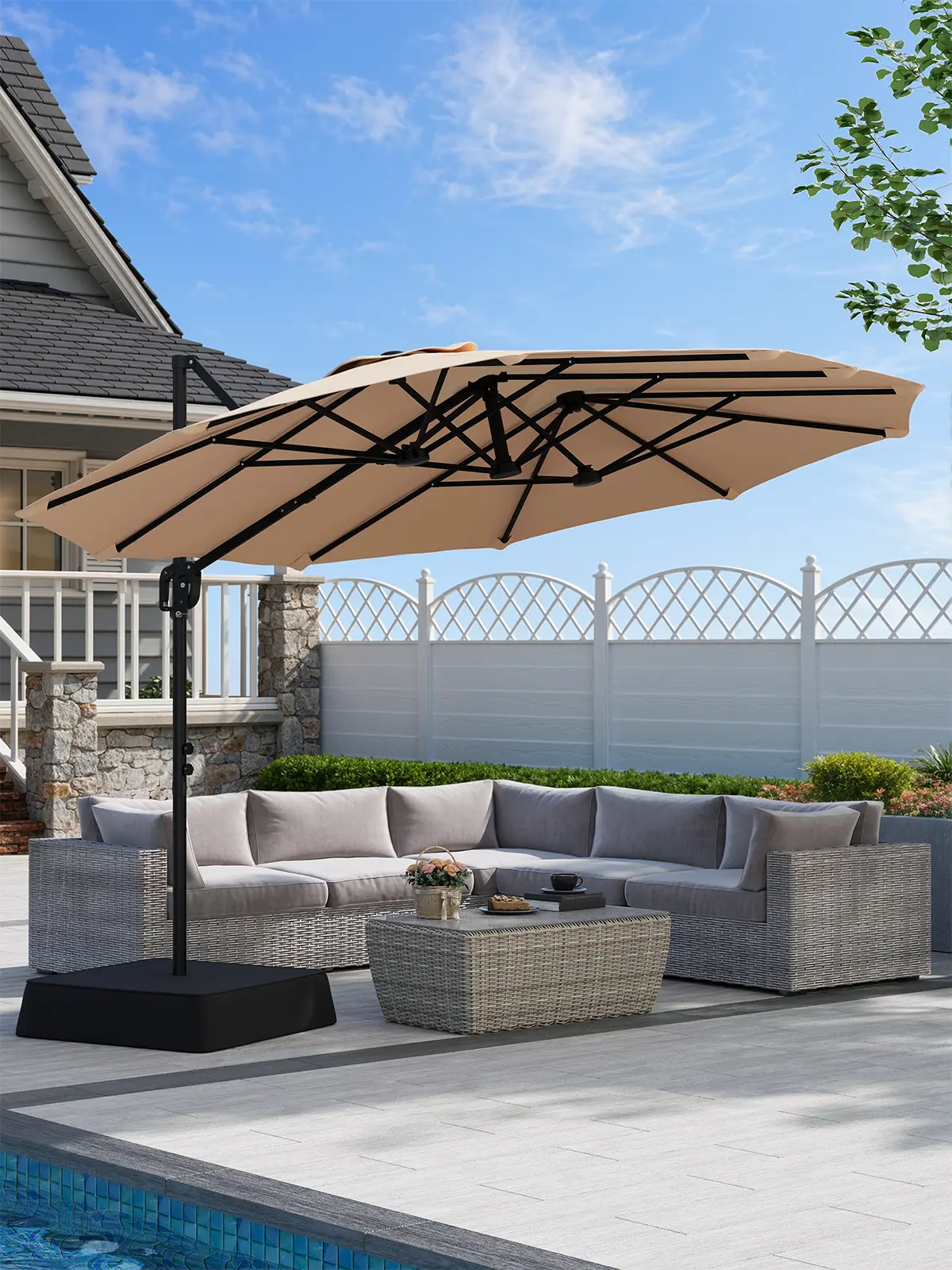 【Adjustable Tilt & Double-Sided】ONBRILL 13/10FT Cantilever Patio Umbrella with Base Included, Heavy Duty Large Outdoor Umbrella Offset for Pool, Patio, Backyard,Outdoor Furniture,Garden Furniture,Summer