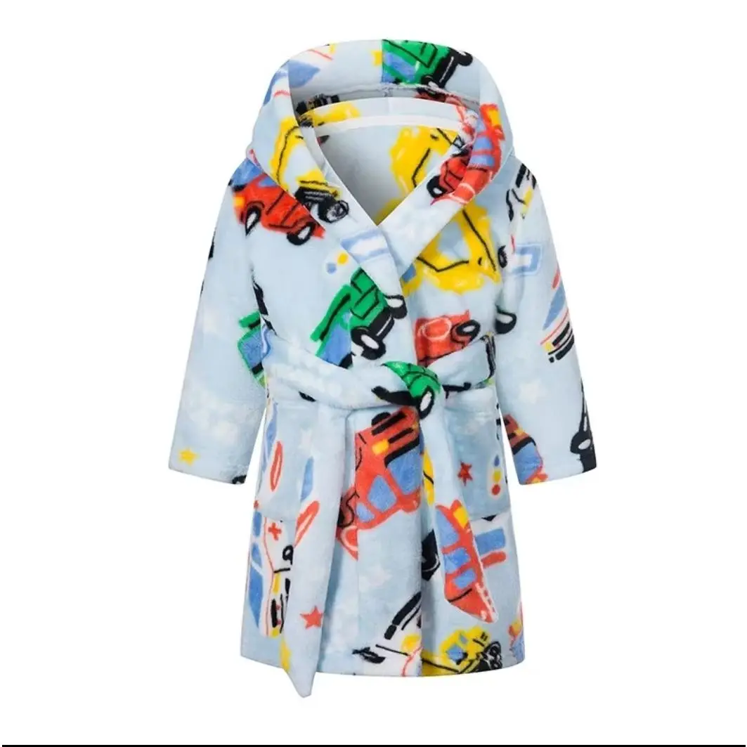 Kids Dinosaur Print Hooded Flannel Bath Robe - Soft Toddler Sleepwear for Boys, Not Dry Cleanable, None, Dry Clean