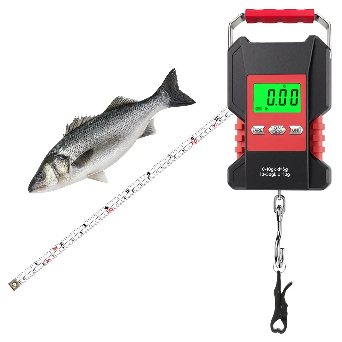 Digital Fishing Scale with Tape Measure , Max 110 Lbs Weight Capacity, Backlit Lcd Display , Support OZ/LB/KG Unit Switch, Stainless Steel Hook,Ergonomic Non-Slip Handle, Portable Fish Weighing Scale for Anglers Freshwater Saltwater Fishing, Fresh/Salt Wa