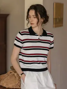 Elegant Women's Spring Summer Fashion Casual Home Leisure Commute Office Knitted Striped Button Collar Short Sleeve Sweater Top