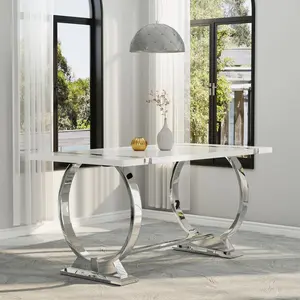 AUZ 60in White and Silver Dining Table for 4-6, Modern Luxury Kitchen Room Table with Rectangular Glossy Lacquer Top and Silver Stainless Steel Circle Base