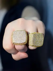 Men's Hip Hop Full Diamond Square Ring, Elegant Rhinestone Ring, Oversized Exaggerated Fashion Personalized Trendy Finger Ring, Statement Ring, Unique Style Jewelry Accessory