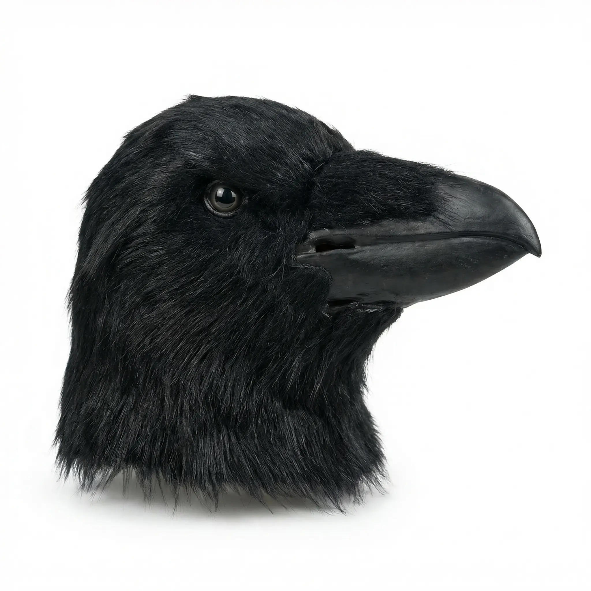 Realistic Raven Mask Full Head Crow Bird Mask, Furry Mask, Fluffy Faux Fur & Resin Eyes, Creepy Gothic Animal Headpiece Accessory for Halloween Cosplay Costume Party Props