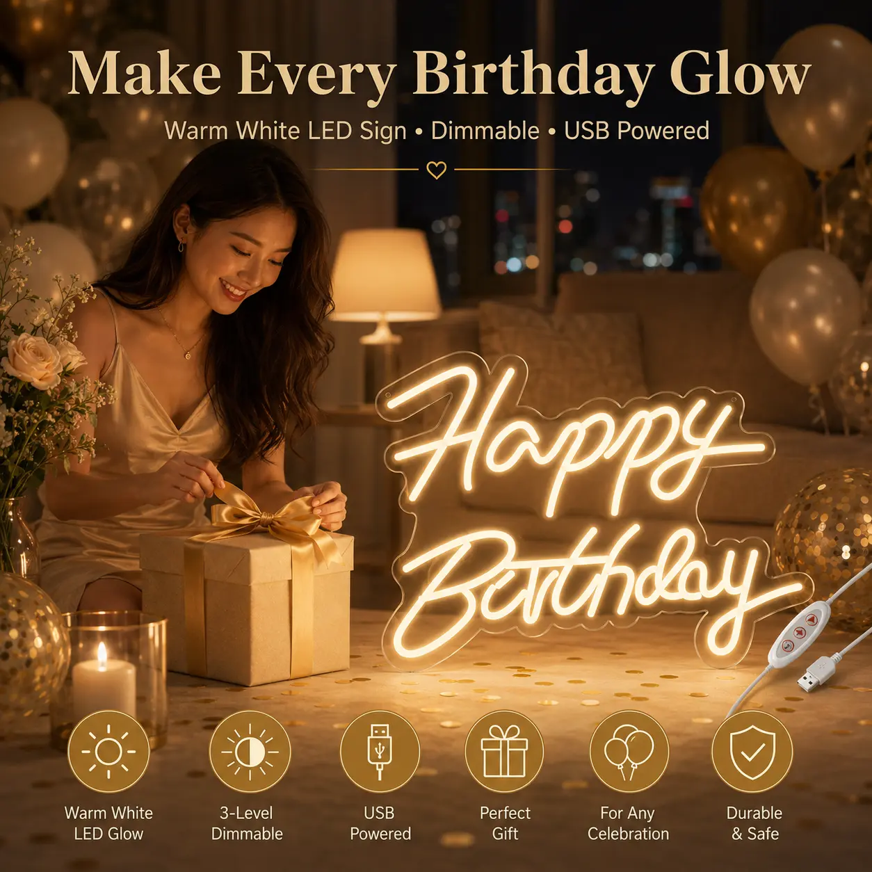 LED Happy Birthday Sign - Warm White Glowing Text, 3-Levels Dimmable, USB Powered, Durable Safe Home Celebration Festive Party Decoration Gift