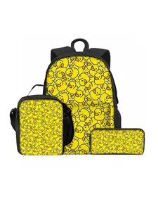 Little yellow duck pattern printing 42 cm height three-piece backpack set with front pocket (front pocket backpack + lunch bag + pencil case)