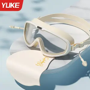 Large Frame Swimming Goggles with Integrated Earplugs Anti-Fog Leakproof Swim Eyewear and Silicone Cap Set