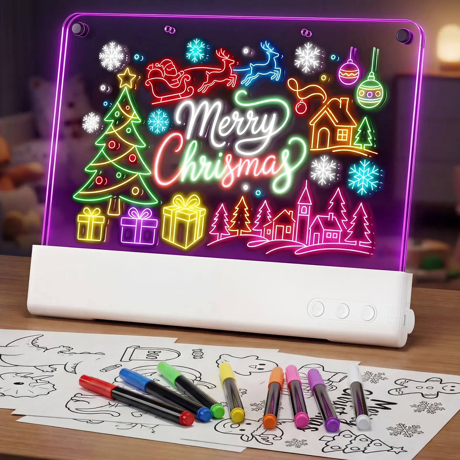 14" Rechargeable LED Drawing Board with 13 Light Effects， Neon Art Dry Erase Light Up Doodle Glow Pad with Built-in Stand, Sketching Gift Toy for Kids/Girls/Teens, 7 Markers & Tracing Book