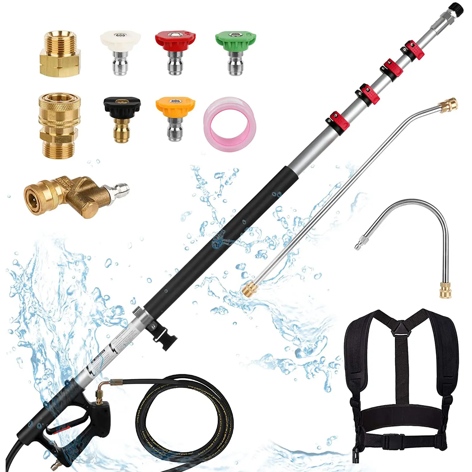 POHIR 24FT Telescoping Pressure Washer Wand Power Washer Attachment Kit, Heavy Duty 4000PSI Cleaning Tool with 2 Extension Wands, 5 Spray Nozzle Tips, 2 Couplers, Strap, Level Lock for Driveways, Walls (Black Friday Gift), Heavy Duty Pressure
