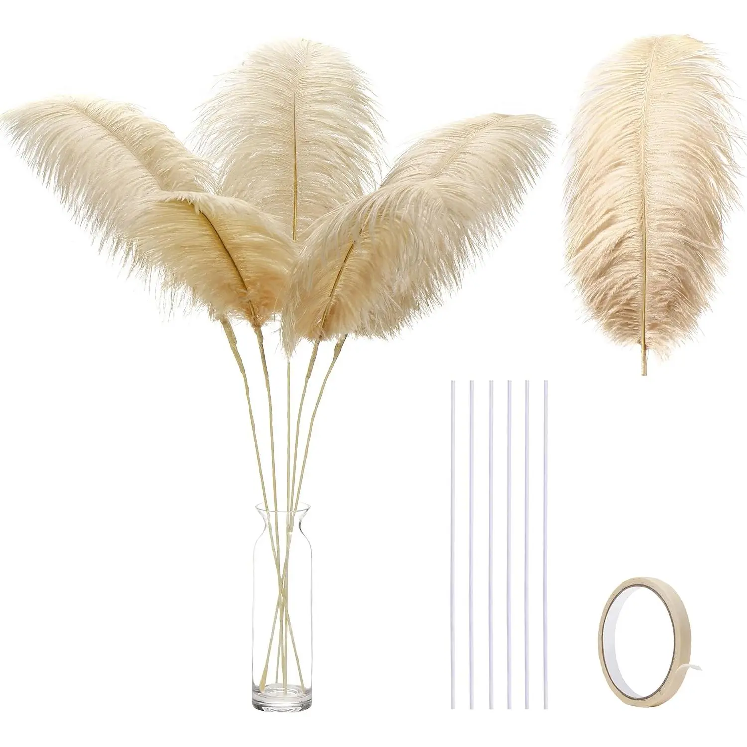 Large Champagne Ostrich Feathers - 12 count 24-26inch Feathers Making Kit Boho Feathers for Vase,Wedding Party Centerpieces and Home Decor