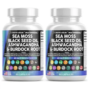 Sea Moss 3000mg Black Seed Oil 2000mg Ashwagandha 1000mg Turmeric 1000mg Bladderwrack 1000mg Burdock 1000mg & Vitamin C & D3 With Elderberry Manuka Dandelion Yellow Dock Iodine Chlorophyll ACV