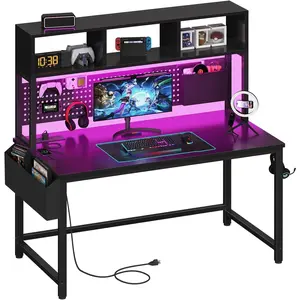 Black gaming desk with storage cabinet and perforated panel - 47inch gaming desk, equipped with storage shelves and power outlets, suitable for teenagers to study, work, and write, ideal for bedrooms and home offices