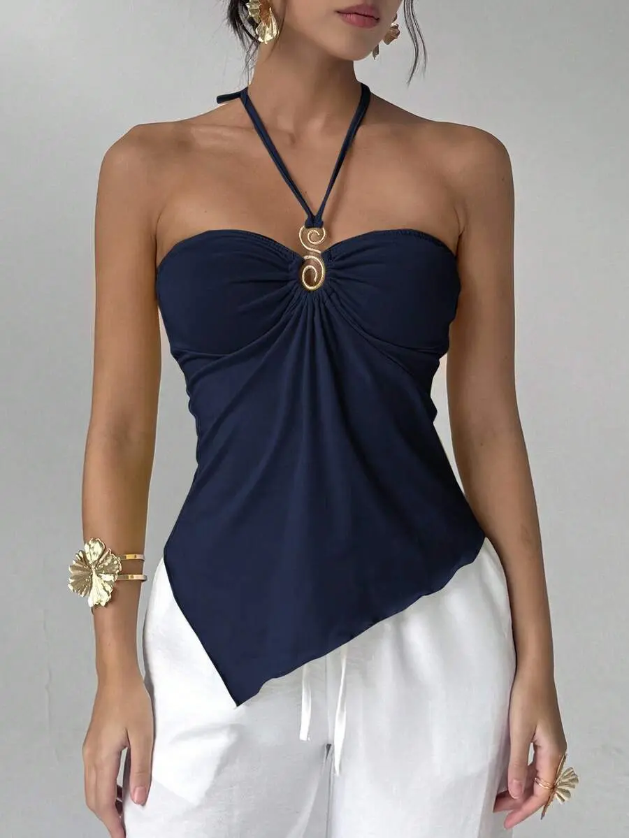 Women's Metal Ring Halter Top, Asymmetrical Handkerchief Hem Tank, Slim Fit Backless Going Out Top, Elegant Summer Vacation Beach Party Camisole