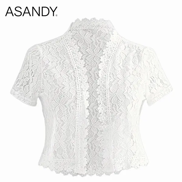 ASANDY Women's Elegant Floral Lace Blouse - Sheer Mock Neck Cropped Top with Short Sleeves and Scalloped Hem for Date Night, Elegance, Date Night Top, Floral Print, Chic, Girly Feminine Items, Ready To Wear, Evening