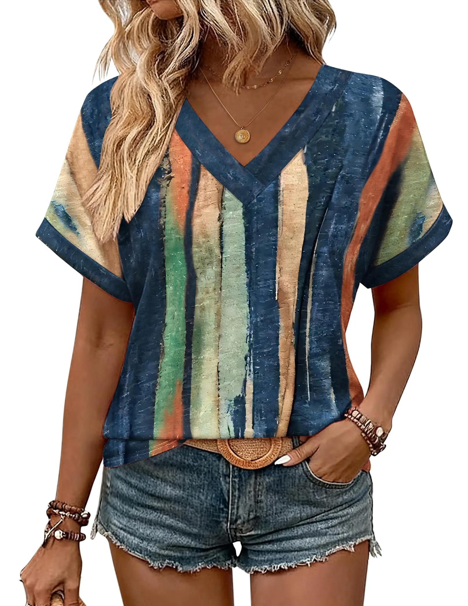 Women's Summer Body Hugging Tops Rolled Shortsleeve V-Neck Casual Minimalist Batwing Sleeve Basic Womenswear Blouses Outfits,back to school,back to school shopping