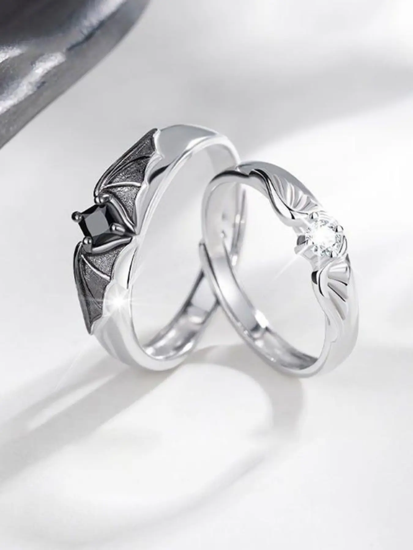 Angel devil couple promise ring, Fashion promise ring, engagement wedding ring open ring set, cubic zirconia crystal jewelry, love ritual sense, unique design, suitable for girlfriend, boyfriend and Valentine's Day gift, Christm