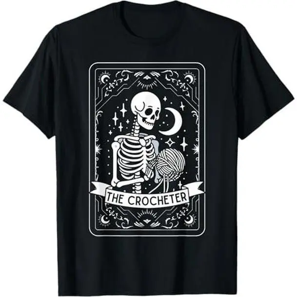 Classic Round Neck Shortsleeve Tarot Card Graphic T-Shirt - Heavyweight Cotton Fabric Casual Wear Top for Crochet Lovers, Sports & Outdoor Clothing, Crew Neck, 100% Cotton, Tape Neck, Graphic Print