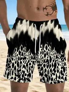 Men's Leopard Ikat Print Beach Shorts, Quick-Dry Loose Fit Casual Swimwear, Summer Vacation Lounge Wear, All over Print