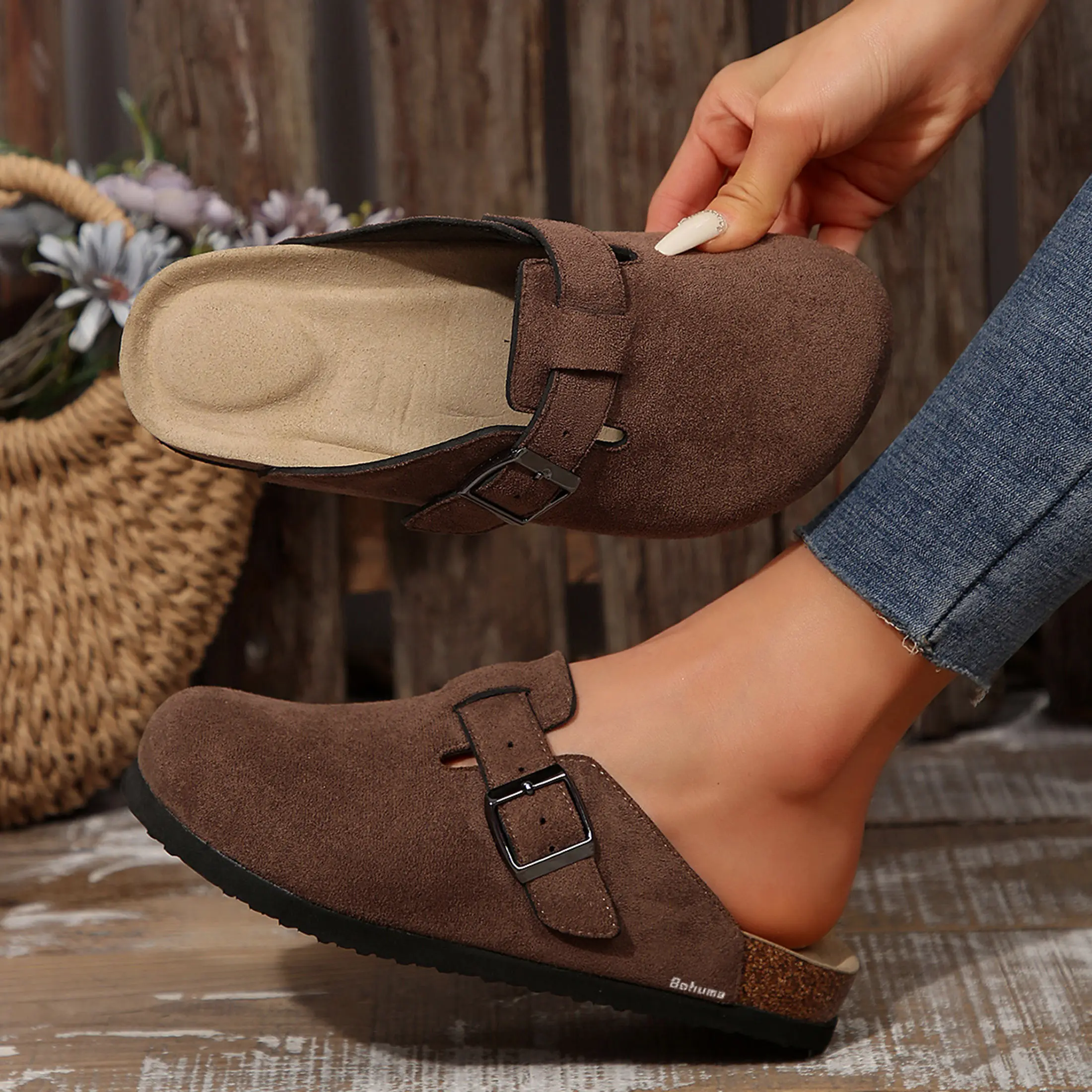 Women's Stylish Cork-Base Platform Sandals with Adjustable Strap - Comfortable Half Head Shoes for Casual Walking