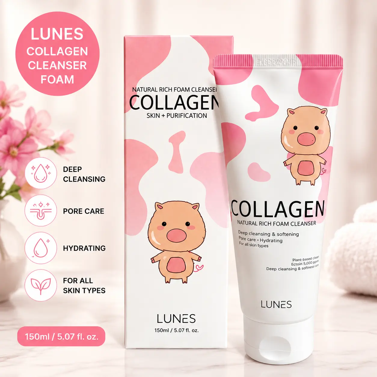 Lunes Collagen Natural Rich Foam Facial Cleanser - Gentle, Nourishing, Hydrating for Deep Cleansing & Moisture Retention, Gentle Cleanser