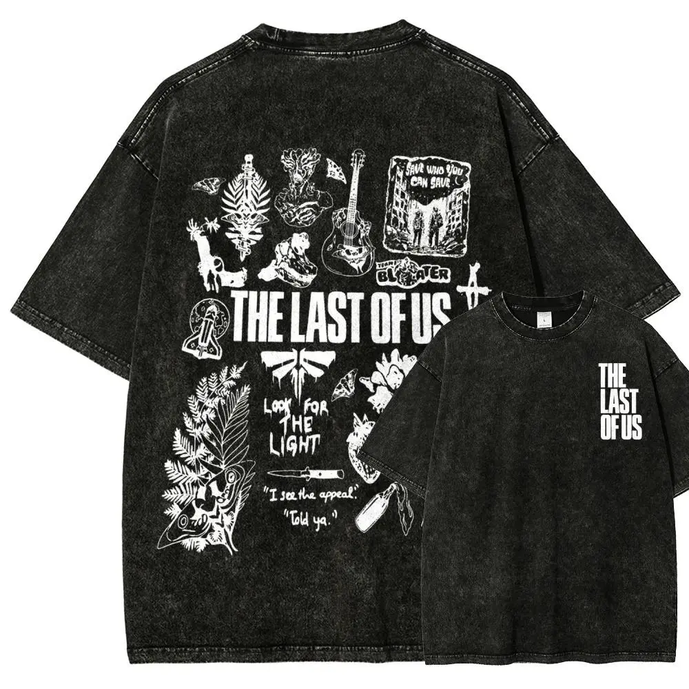 Men's Vintage Washed Cotton Graphic T-Shirt - The Last of Us Icon Collage, Ellie & Joel Print, Distressed Black, Oversized Casual Streetwear, S-3XL, TLOU Fan Top, All Seasons, Figure Print, Oversized Graphic Tee, Graphic Tee
