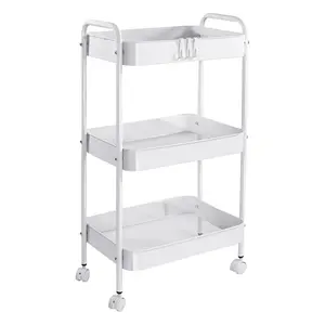 3-Tier Rolling Utility Cart with Hooks and Wheels, Space-Saving Storage Organizer for Kitchen, Bathroom, Office and Dorm, Easy Assembly, White