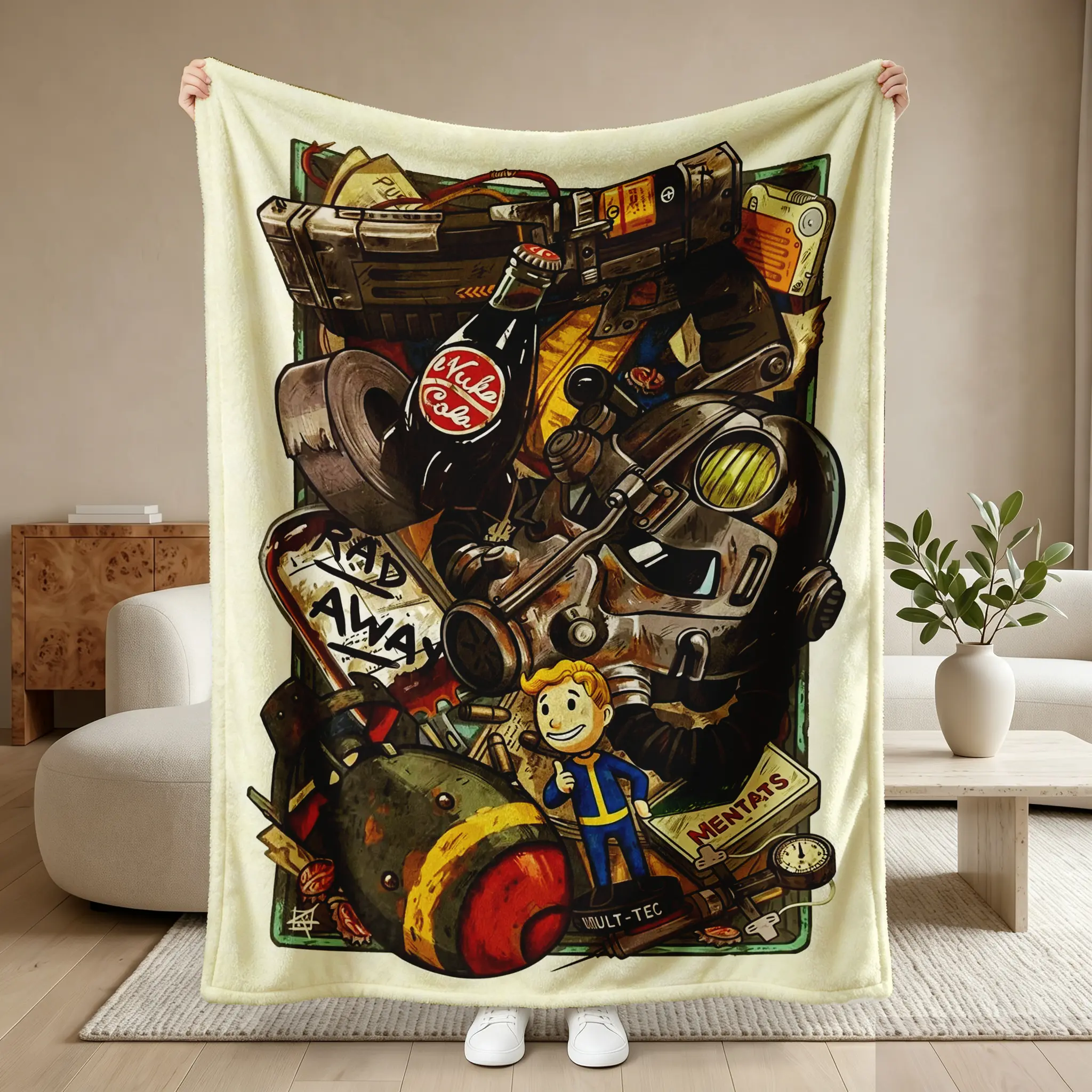 Fallout themed printed flannel blanket with retro game design, suitable for sofa, bed, office and outdoor use, lightweight and durable bedroom chair decor halloween decoration