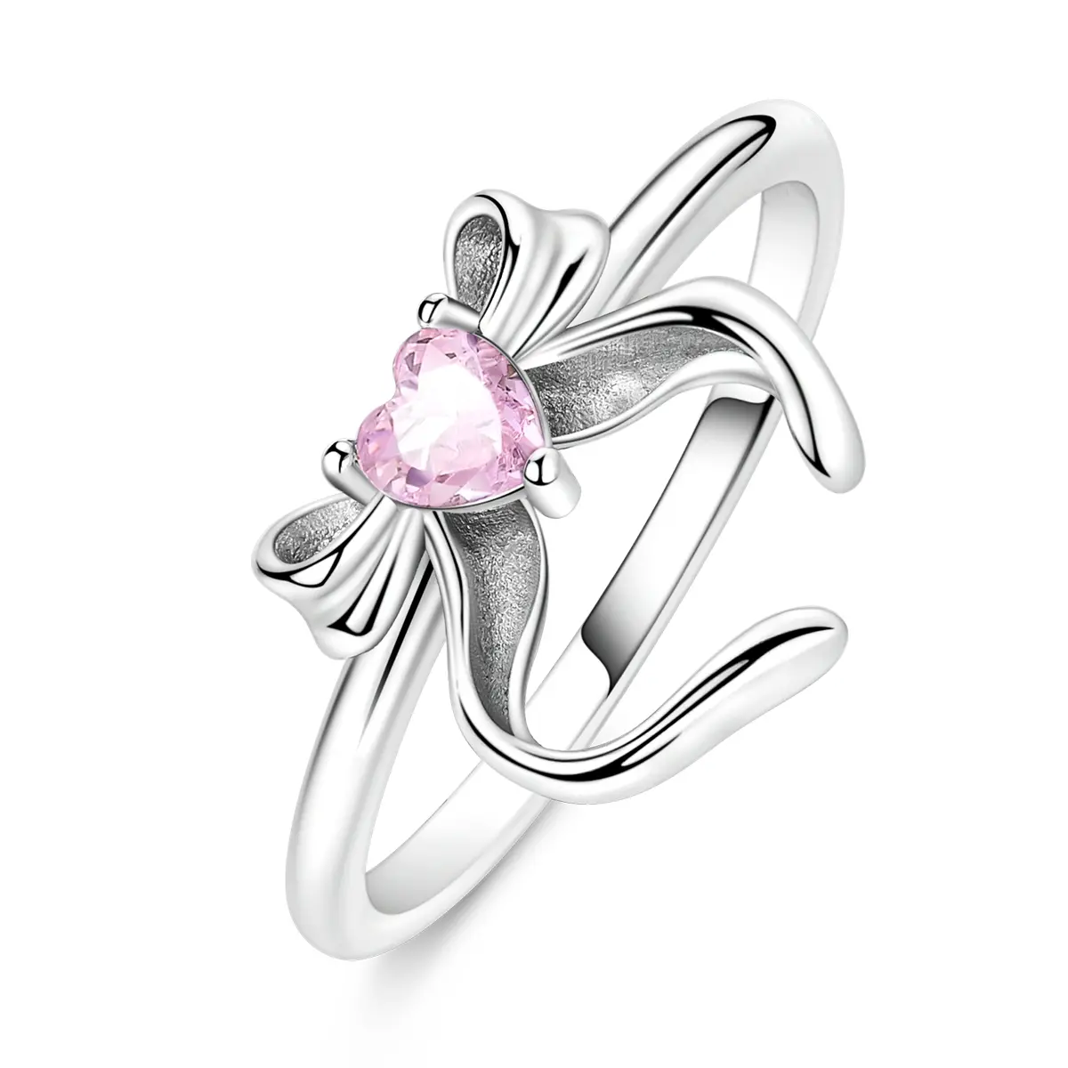 MULA S925 Silver-plated bow heart-shaped ring inlaid with pink zircon, cute romantic ribbon ring, suitable for women and girls, a committed love gift for Valentine's Day, birthday, anniversary, Adjustable Rings