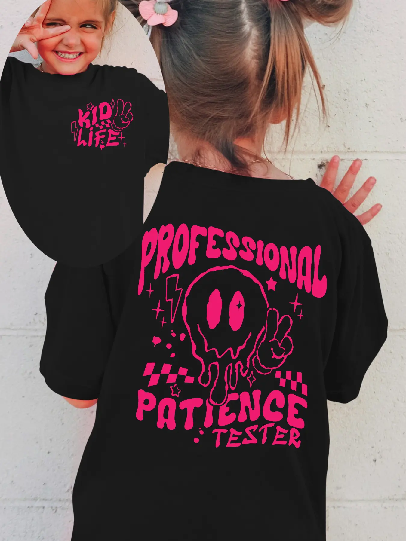 Professional Patience Tester Double Sided Kids T-Shirt Retro Melty Smile Checkerboard Short Sleeve Cotton Black Unisex Toddler Tee