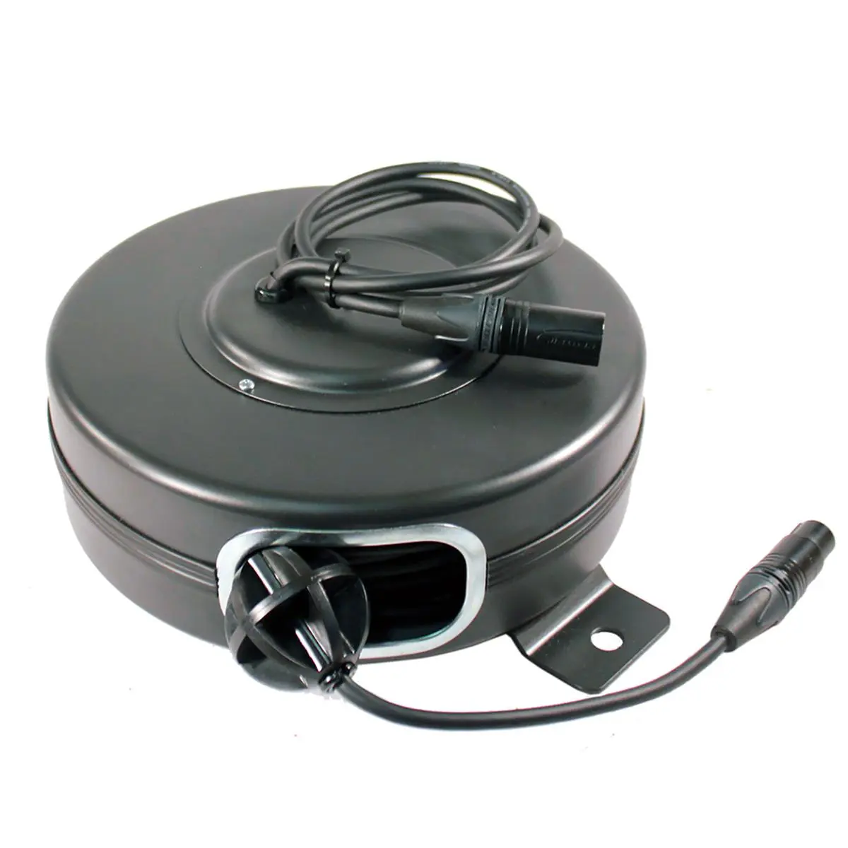 212 MAIN Retractable DMX Cable Reel - 40 ft Black, Female Connector, Eyehook, Instant Retract, Steel Housing, Swivel Bracket