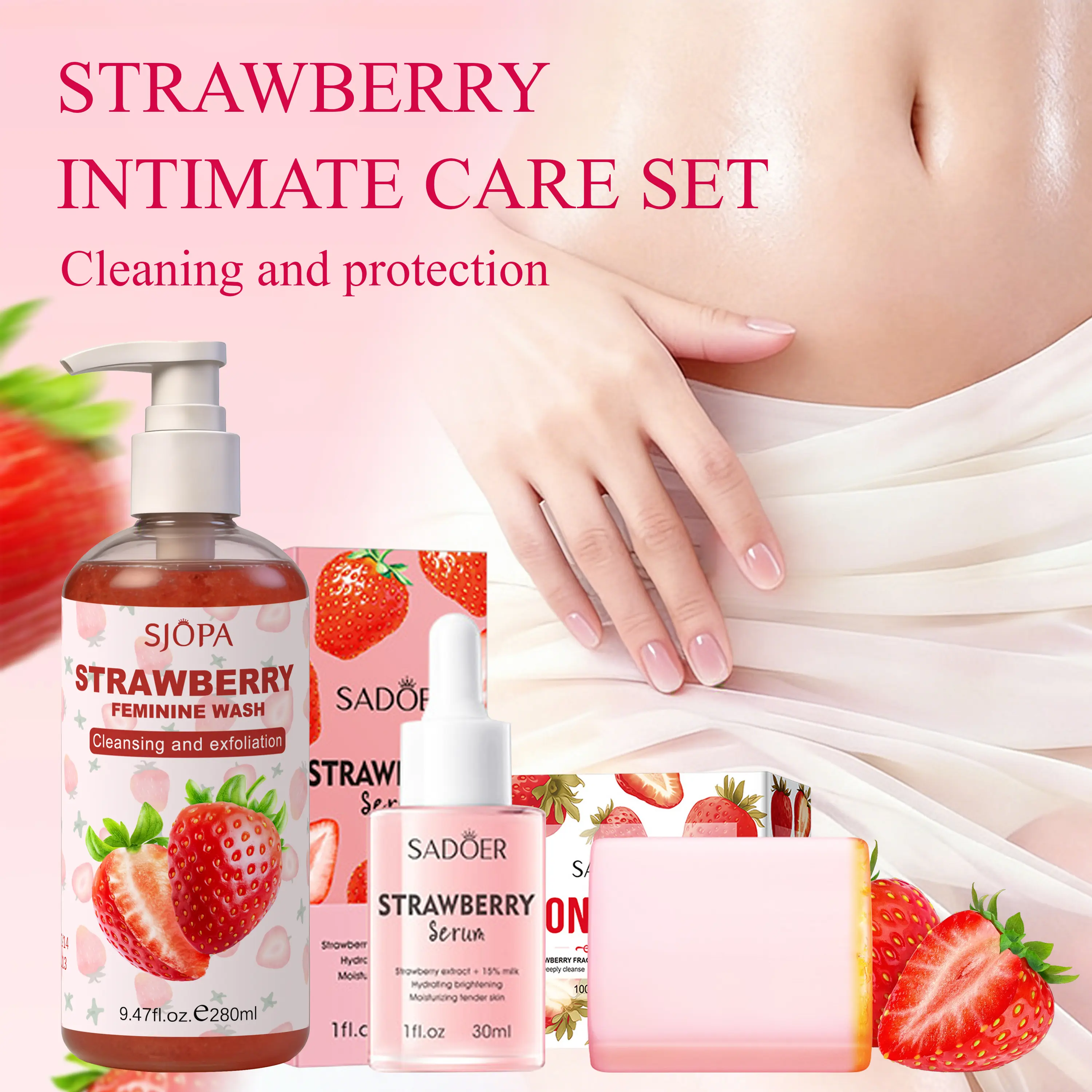 3PCS Strawberry Women's Intimate Wash, long-lasting fragrance, rich foam, controls odor and cleans skin, deep cleansing foam,  cleans intimate areas, suitable for sensitive skin, organic soap body wash, natural skincare Feminine Hygiene Products Cleanser