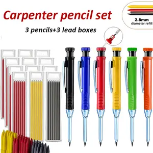 2.8mm Metal Long Tip Woodworking Mechanical Pencils Set, 3 Colors Available Deep Hole Scribing Woodworking Pencils, Engineering Drawing Scribing Pencils Fine Writing Instruments, Woodworking Tools (3pens+3box leads)